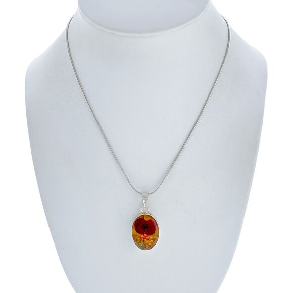 Red Pressed Crown Of Thorn Mixed Flower Pendant ONLY | Sterling Silver 925 - Picture 2 of 3